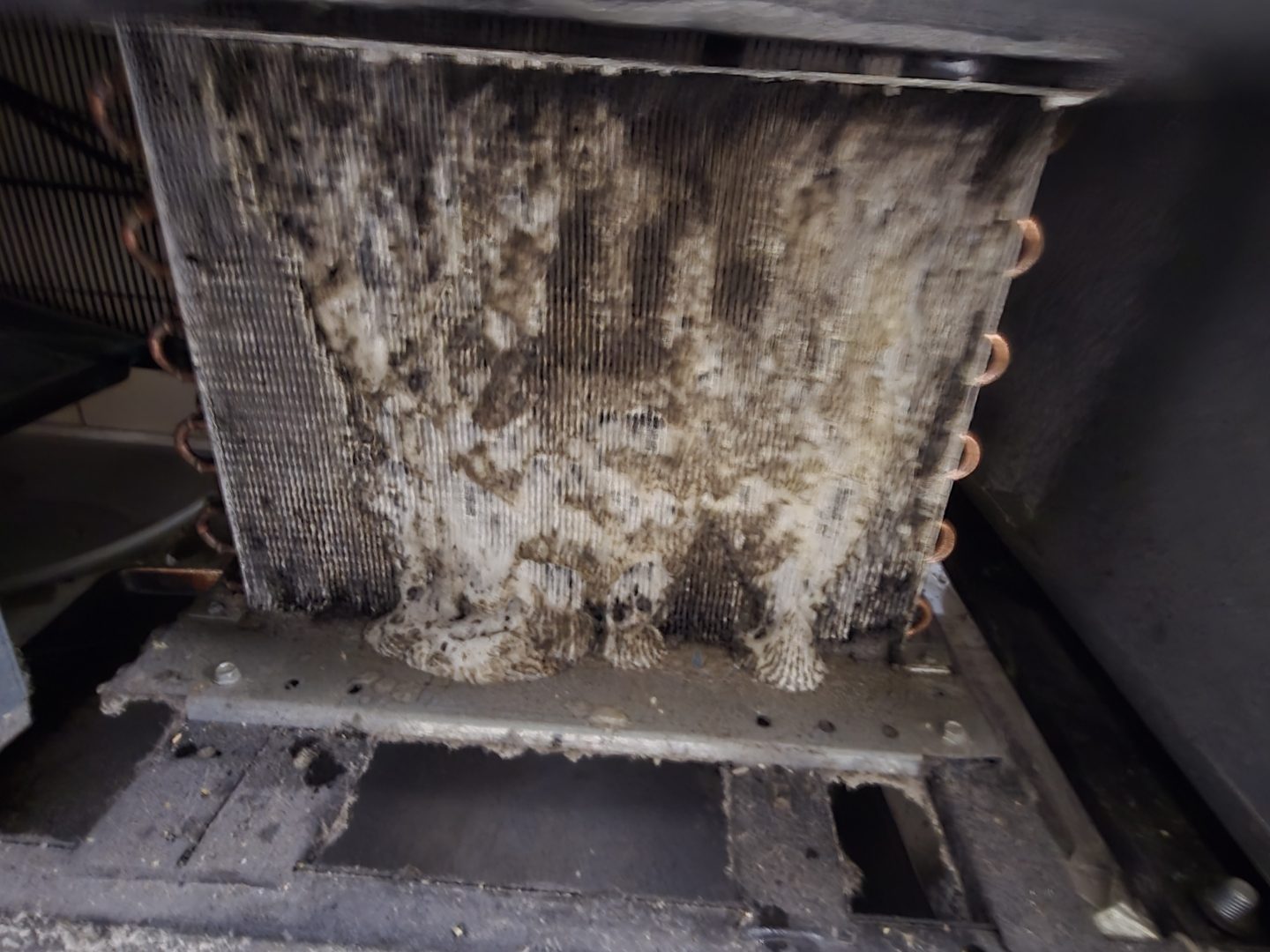 Heavily clogged commercial condenser coil before cleaning